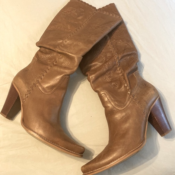 Vintage Bronx Y2K Knee High Boots Stack Heel Tan Tooled Leather Western Cowboy - Picture 2 of 10